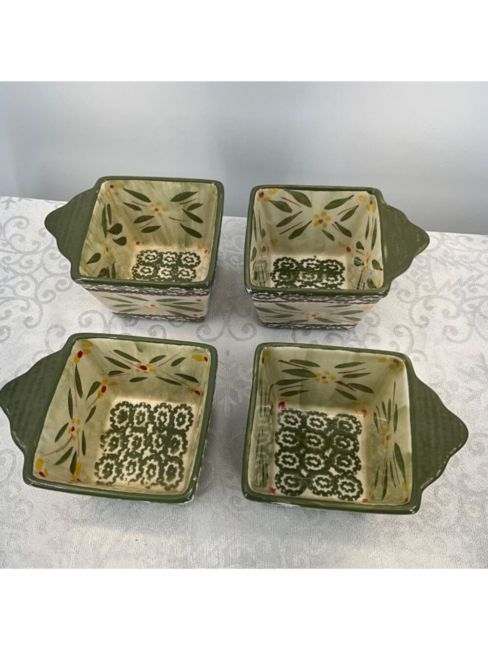Temp-Tations Old World Green Square 10 Oz Ramekins Set Of 4 With Lid Oven & Dish